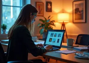 Креативный специалист работает с проектом в Notion на ноутбуке в современном рабочем пространстве
