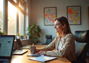 Креативный фрилансер за работой в современном домашнем офисе с планировщиком и инструментами