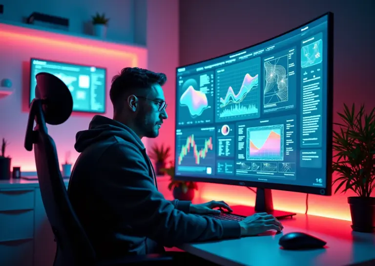 Рабочее место UX/UI-дизайнера с инструментами дизайна и элементами цифровых инноваций