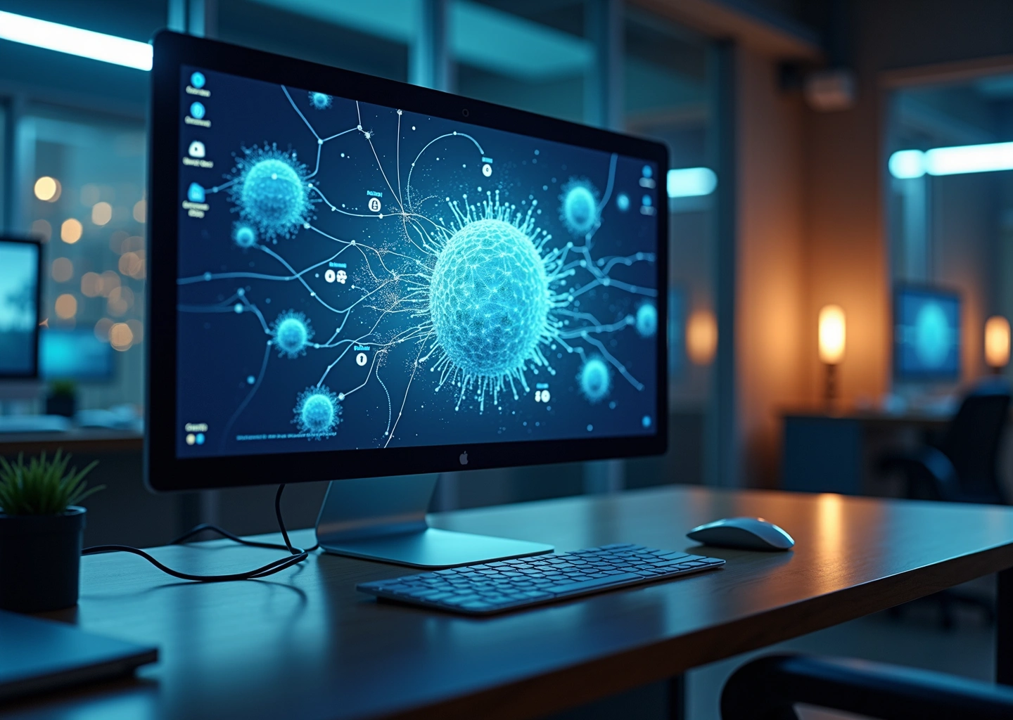 Современный цифровой рабочий стол с минималистичным веб-интерфейсом, 3D элементами и визуализацией нейросети