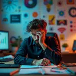 Творческий специалист испытывает профессиональное выгорание, усталость и стресс за рабочим столом с цифровыми инструментами