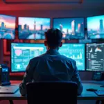 Современное рабочее место UX-исследователя с анализом данных пользователей на экранах, окружённое атрибутами цифровых креативных профессий, символизирующее будущее работы в России.