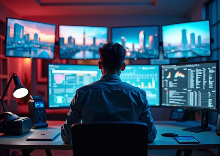 Современное рабочее место UX-исследователя с анализом данных пользователей на экранах, окружённое атрибутами цифровых креативных профессий, символизирующее будущее работы в России.