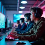 Молодые люди в офисе игровой индустрии за компьютерами, работающие над digital проектами и играми