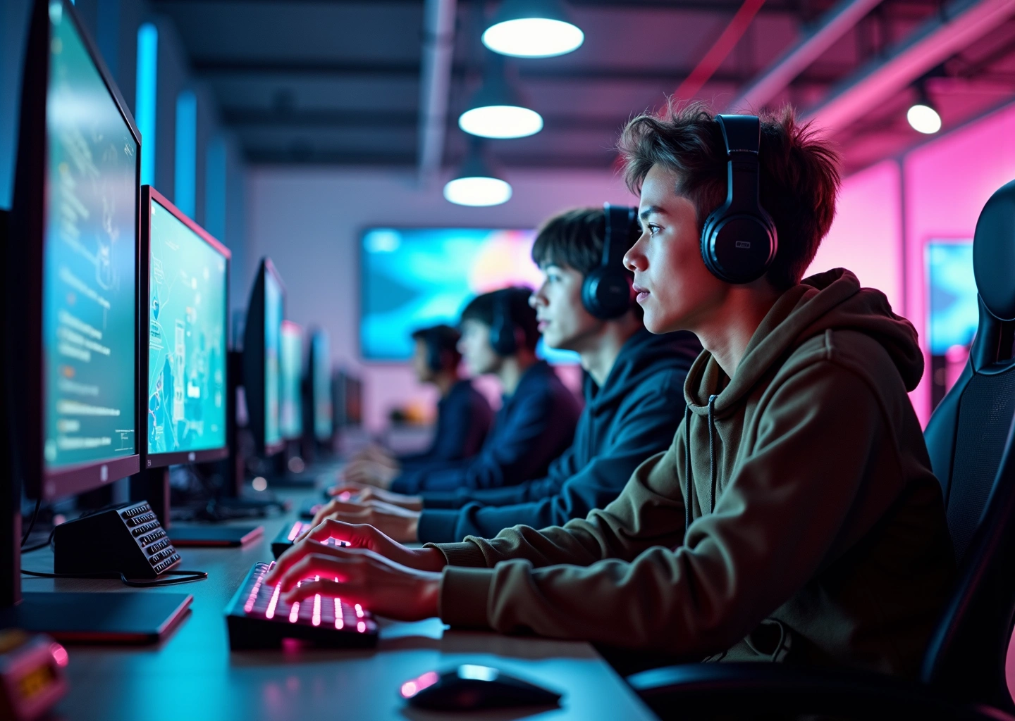 Молодые люди в офисе игровой индустрии за компьютерами, работающие над digital проектами и играми