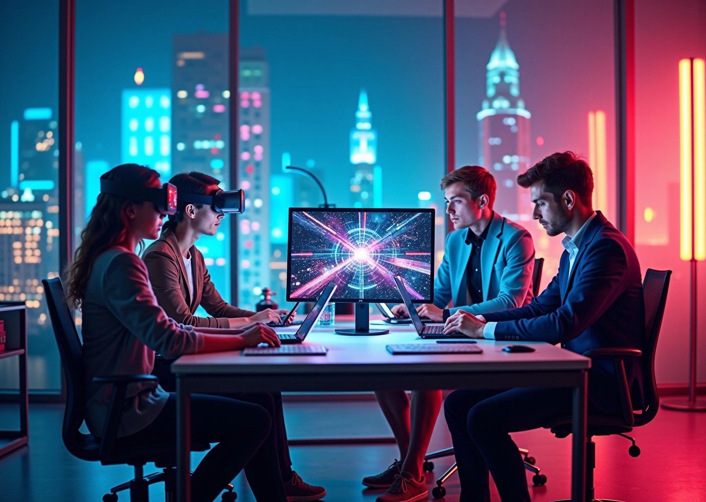 Молодые специалисты, работающие в цифровых креативных профессиях на фоне футуристического города и цифровых технологий