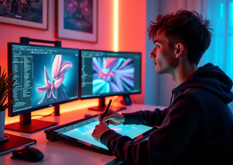 Рабочее место цифрового художника с графическим планшетом и мониторами