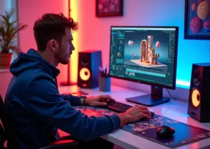 Творческое цифровое рабочее место с дизайнером, создающим 3D-модели и пресеты, а также гайды на русском языке