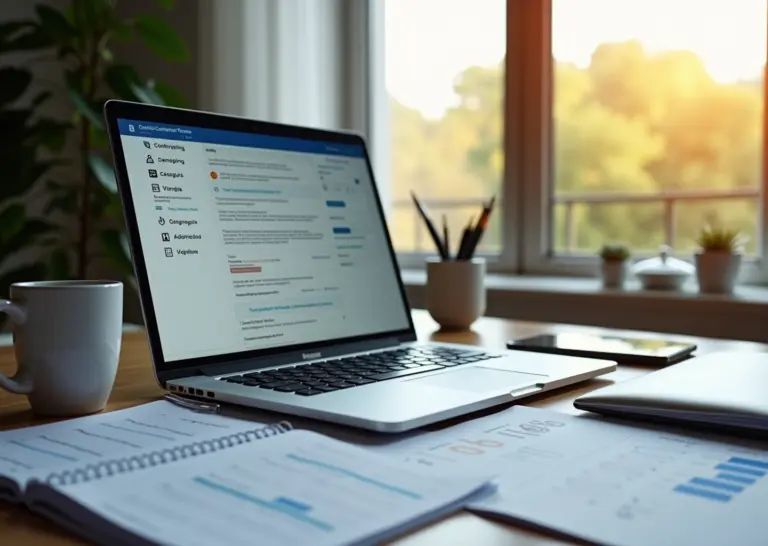 Рабочее место фрилансера с ноутбуком, налоговыми документами и символами для самозанятости и ИП в России