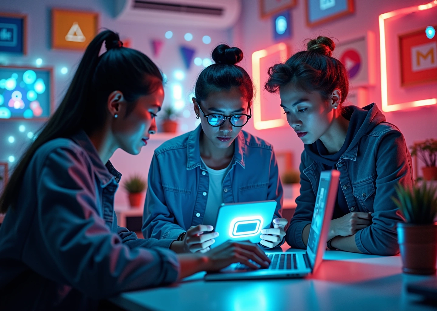 Молодые креативные специалисты работают с цифровыми устройствами на фоне социальных платформ и цифрового дизайна