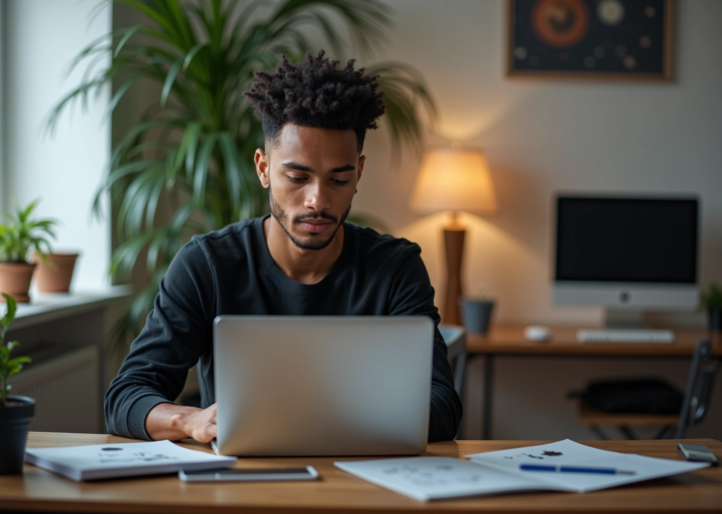 Молодой человек работает дома в домашнем офисе за ноутбуком над креативным freelance проектом