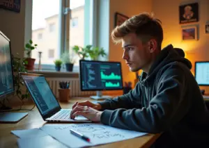 Молодой специалист-гуманитарий работает за ноутбуком в современном креативном цифровом пространстве, окружённый эскизами, программами для дизайна и инструментами маркетинга