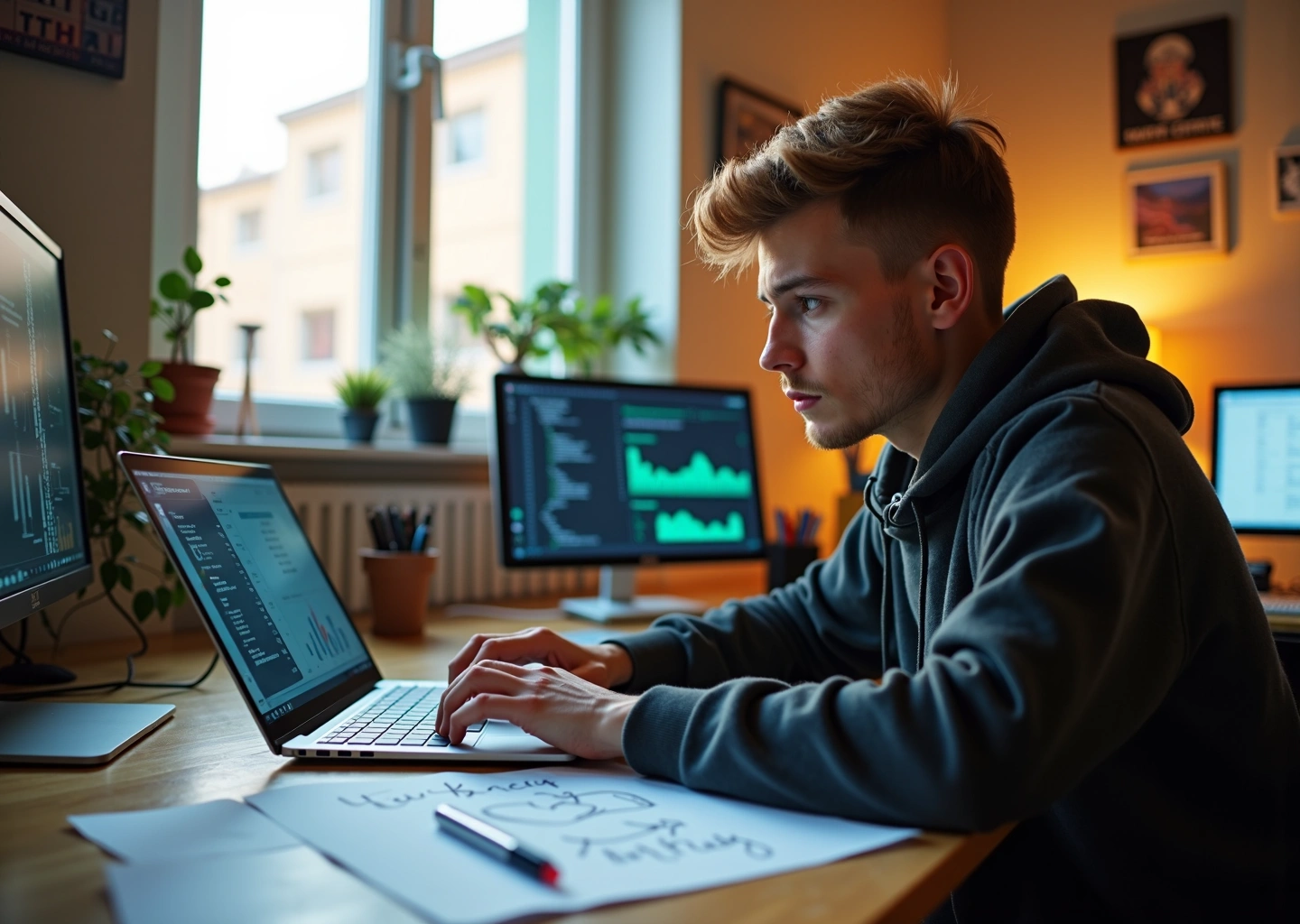 Молодой специалист-гуманитарий работает за ноутбуком в современном креативном цифровом пространстве, окружённый эскизами, программами для дизайна и инструментами маркетинга