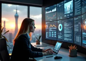 Креативный специалист оформляет кейс в портфолио с элементами повествования и показом результатов на цифровых экранах в современном офисе России