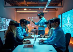 Современный офис с молодыми специалистами, работающими с устройствами виртуальной и дополненной реальности