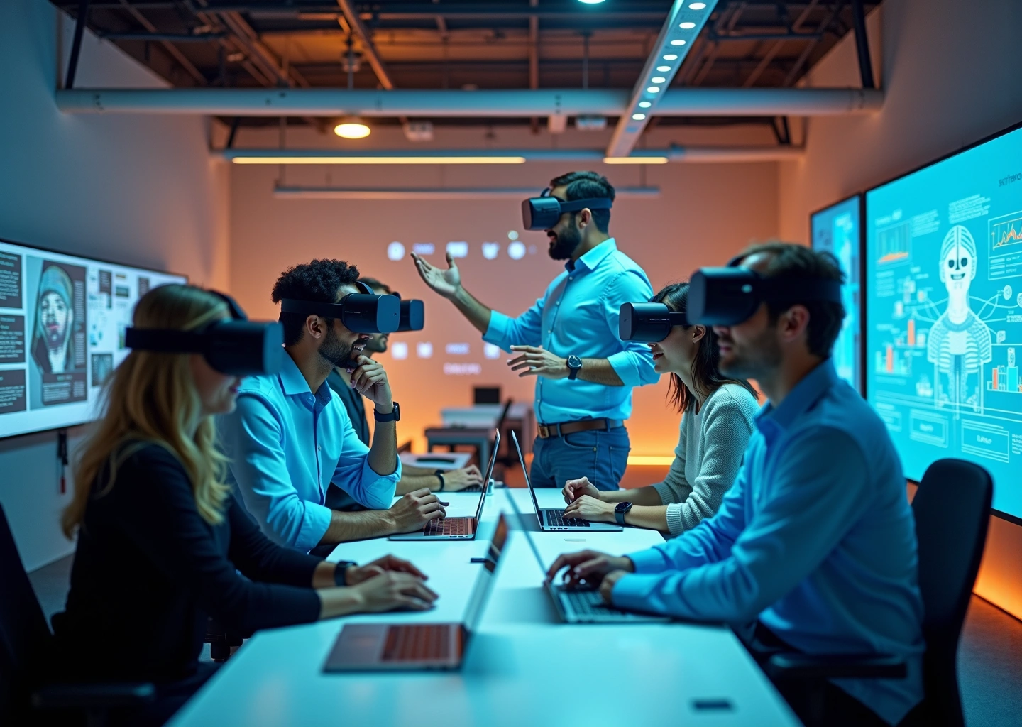 Современный офис с молодыми специалистами, работающими с устройствами виртуальной и дополненной реальности