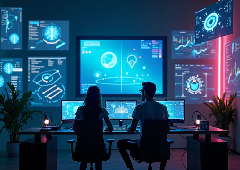 Музыкант и художник взаимодействуют с цифровыми NFT токенами в современном креативном пространстве