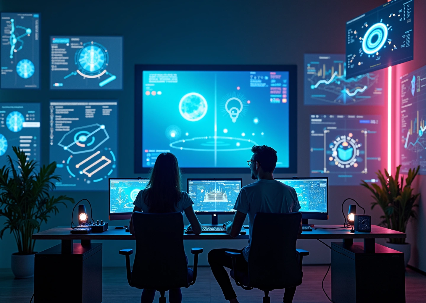 Музыкант и художник взаимодействуют с цифровыми NFT токенами в современном креативном пространстве