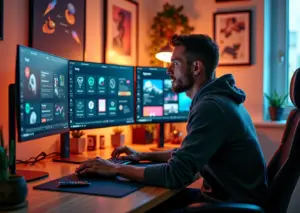 Дизайнер за компьютером с интерфейсами Figma Sketch и Adobe XD на экране в креативном офисе