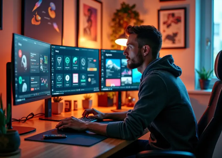 Дизайнер за компьютером с интерфейсами Figma Sketch и Adobe XD на экране в креативном офисе