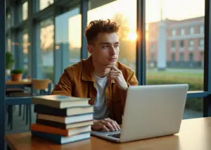 Креативный рабочий стол с книгами, ноутбуком с онлайн-курсами и университетским кампусом на фоне