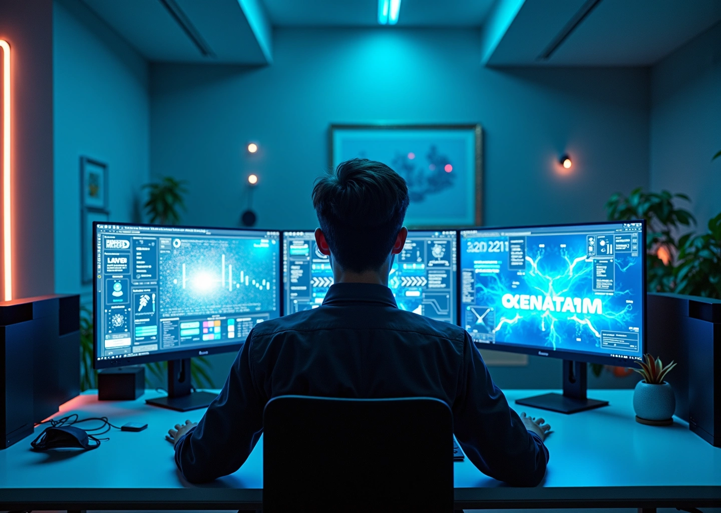 Современное рабочее место креатора с использованием нейросетевых инструментов для дизайна, музыки и текста в будущем.