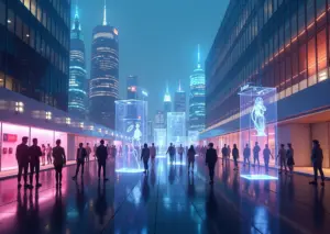 Футуристический виртуальный город метавселенной с аватарами, цифровыми стилистами и архитекторами, работающими с VR и 3D технологиями