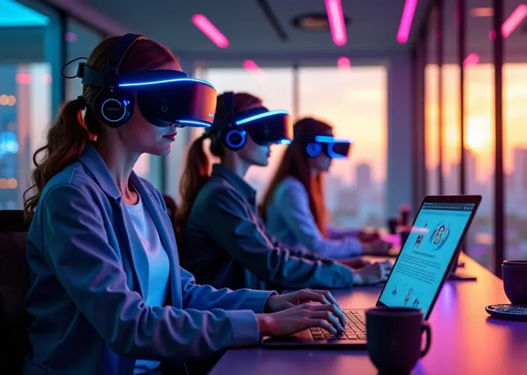 Молодые специалисты работают в метавселенной с использованием VR-гарнитур, создавая цифровое искусство и программируя виртуальные среды