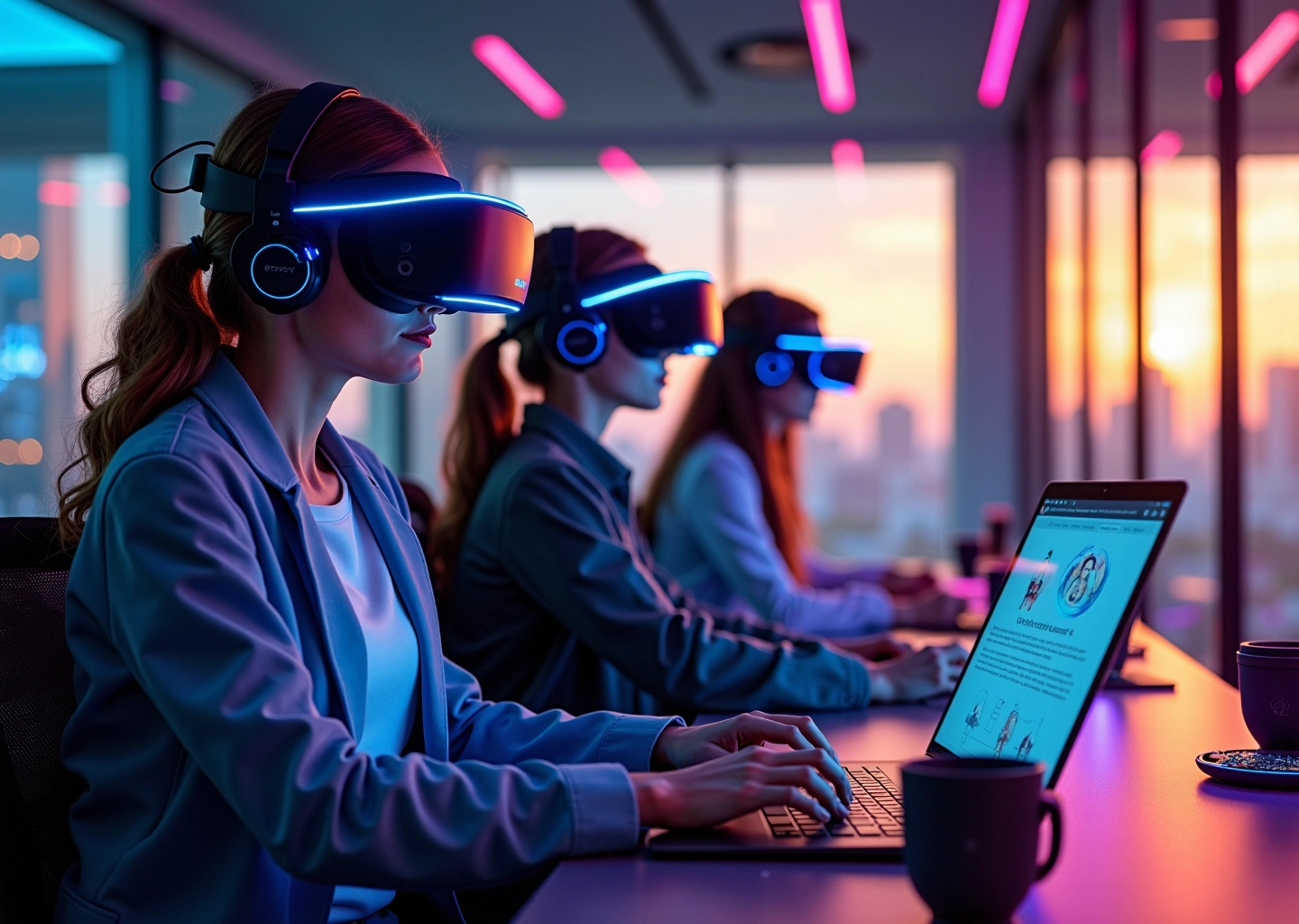 Молодые специалисты работают в метавселенной с использованием VR-гарнитур, создавая цифровое искусство и программируя виртуальные среды