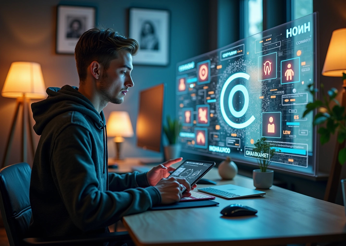 Рабочее место дизайнера с цифровым планшетом и символами авторского права, отражающее защиту творческих работ в digital-среде России