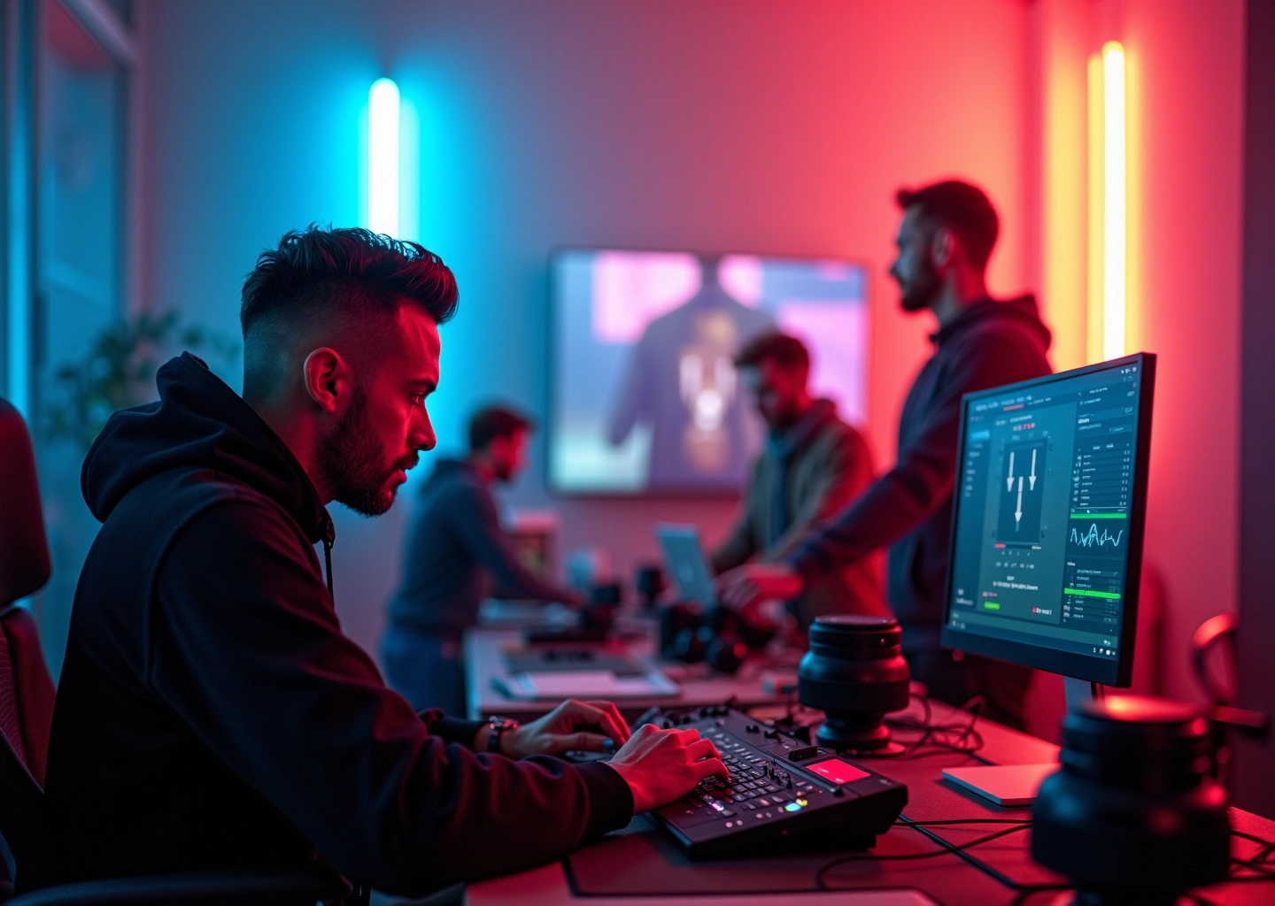 Современный клипмейкер работает на съемочной площадке с камерой и цифровыми инструментами, творческая команда сотрудничает в студии с ярким освещением и музыкальным оборудованием