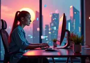 Креативный специалист строит личный бренд в цифровой среде, окружён иконками социальных сетей и символами креативных профессий на фоне современного города России