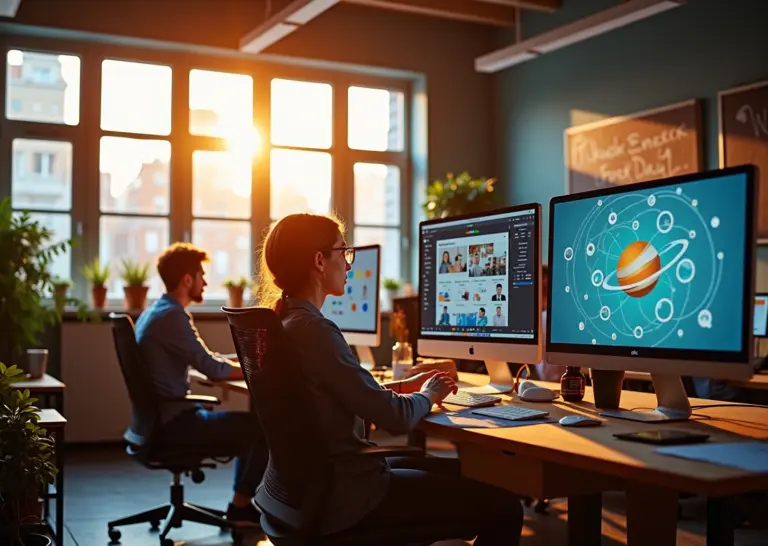 Молодые люди работают над творческими цифровыми проектами в современном офисе с использованием платформы Planeta.ru