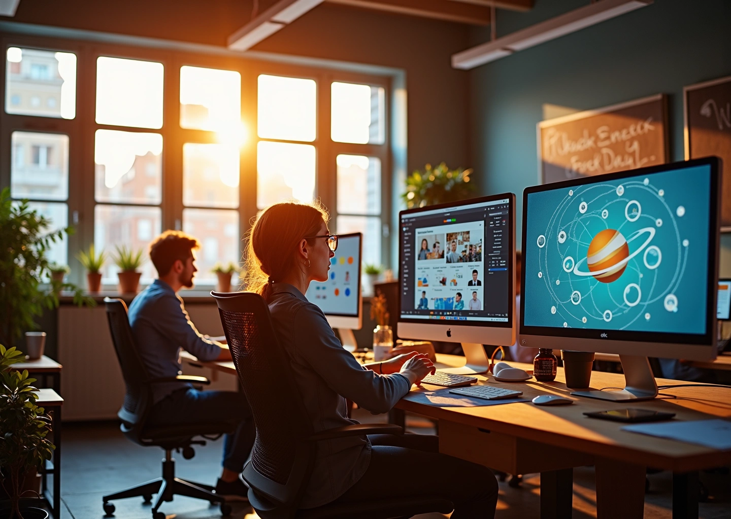 Молодые люди работают над творческими цифровыми проектами в современном офисе с использованием платформы Planeta.ru