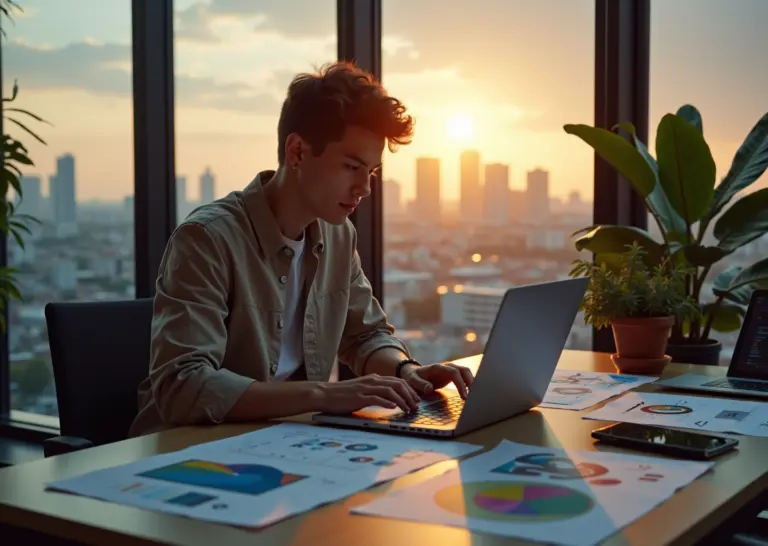 Молодой человек за ноутбуком создает креативное резюме и сопроводительное письмо для творческой вакансии в России