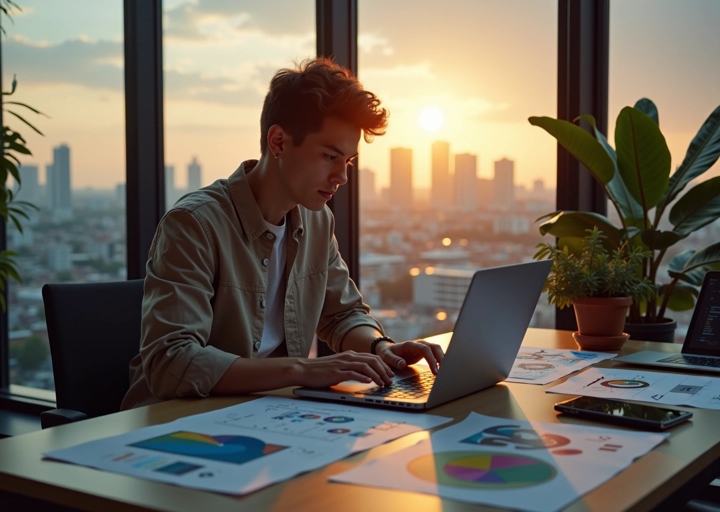 Молодой человек за ноутбуком создает креативное резюме и сопроводительное письмо для творческой вакансии в России