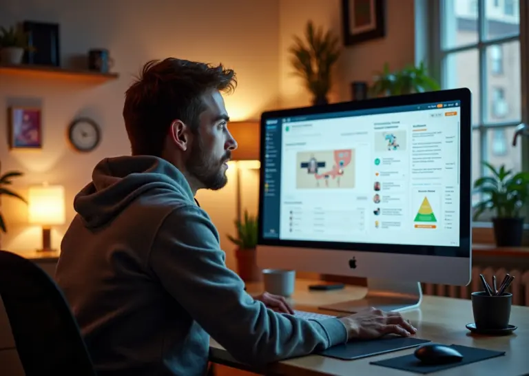 Креативный человек использует Notion для организации проектов и личной базы знаний в современном офисе