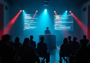 Лайв-кодер выступает с живым программированием и цифровой визуализацией на сцене в России
