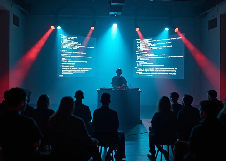 Лайв-кодер выступает с живым программированием и цифровой визуализацией на сцене в России
