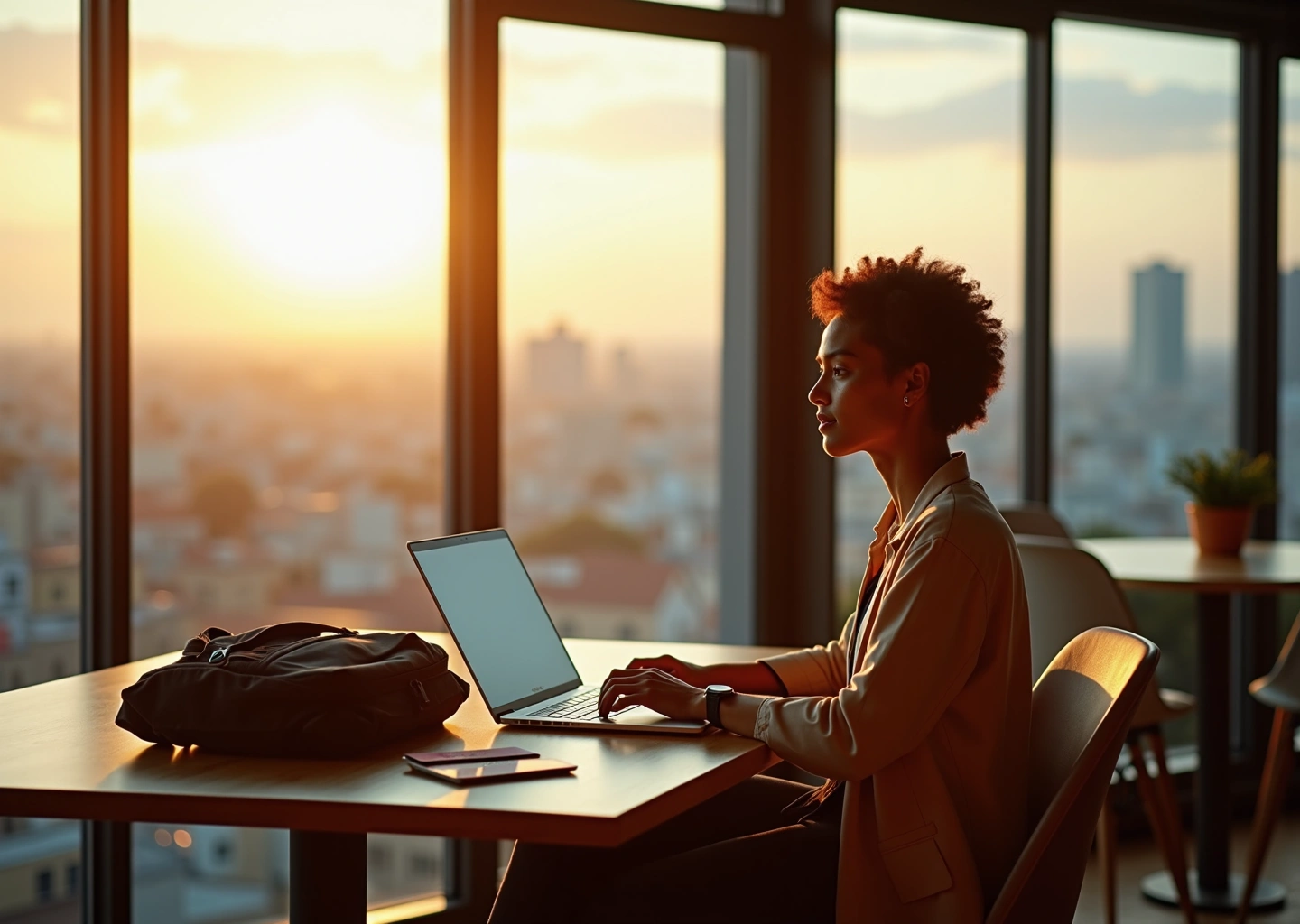 Креативный молодой человек работает на ноутбуке в современном коворкинге с видом на город, олицетворяя цифровое кочевничество и удалённую работу в digital-сфере.