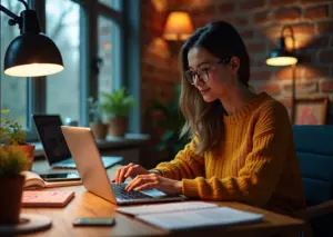 Креативный фрилансер работает за ноутбуком в современном рабочем пространстве с цифровыми инструментами и планерами.