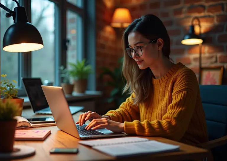 Креативный фрилансер работает за ноутбуком в современном рабочем пространстве с цифровыми инструментами и планерами.