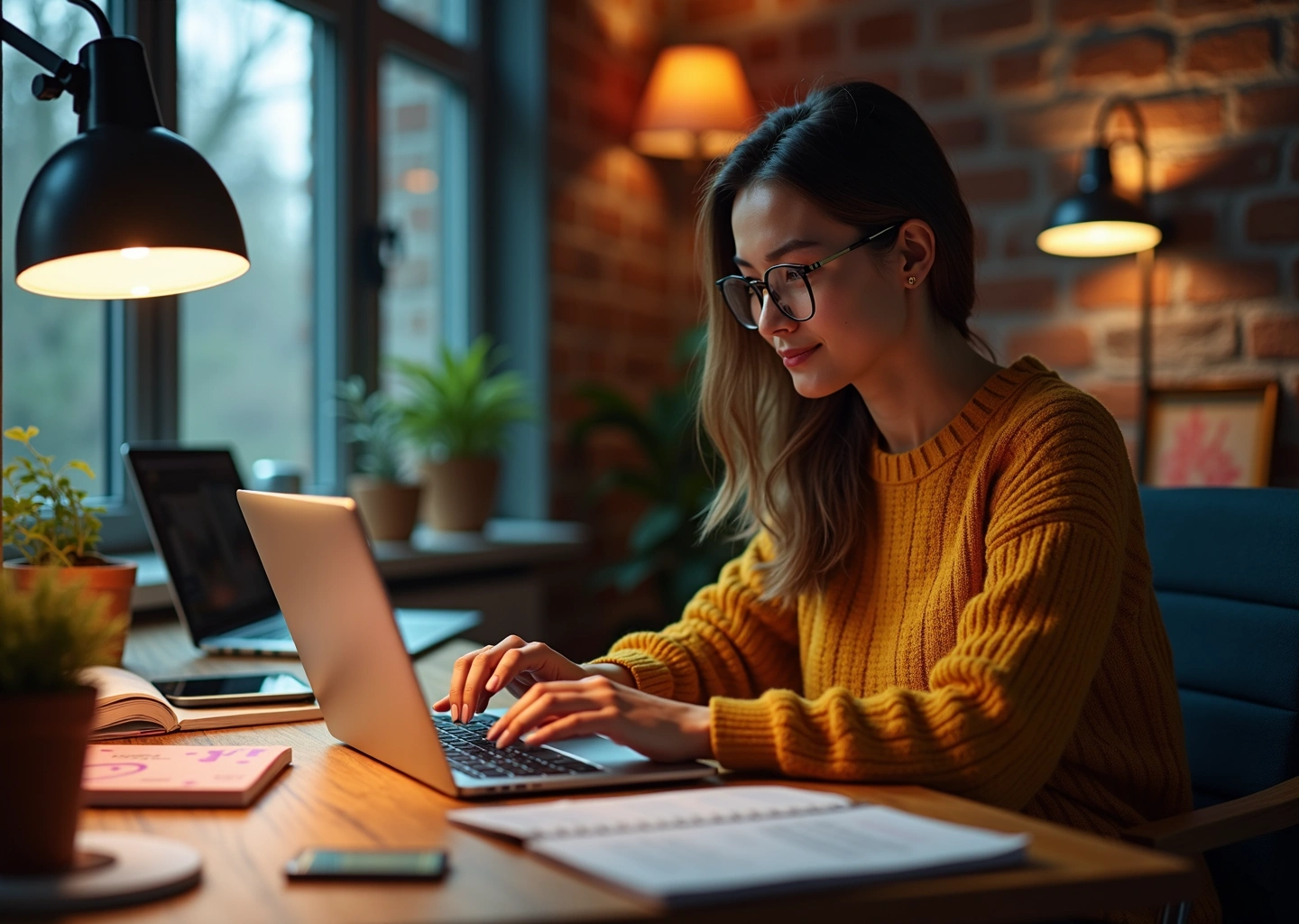 Креативный фрилансер работает за ноутбуком в современном рабочем пространстве с цифровыми инструментами и планерами.