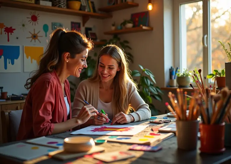 Арт-терапевт помогает клиенту через творчество в уютной студии с художественными материалами