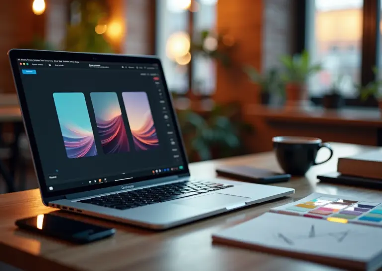 Ноутбук с интерфейсами конструкторов сайтов, смартфон, блокнот с эскизами и чашка кофе на столе в коворкинге — рабочая сцена креативного специалиста