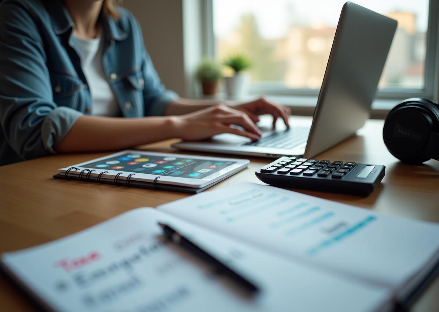 Фрилансер за рабочим столом с ноутбуком, смартфоном с приложением для чеков и папкой с документами ИП, калькулятор и графический планшет