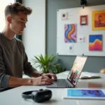 Фрилансер в креативной сфере за рабочим столом с ноутбуком, планшетом для цифровой живописи и доской идей на стене