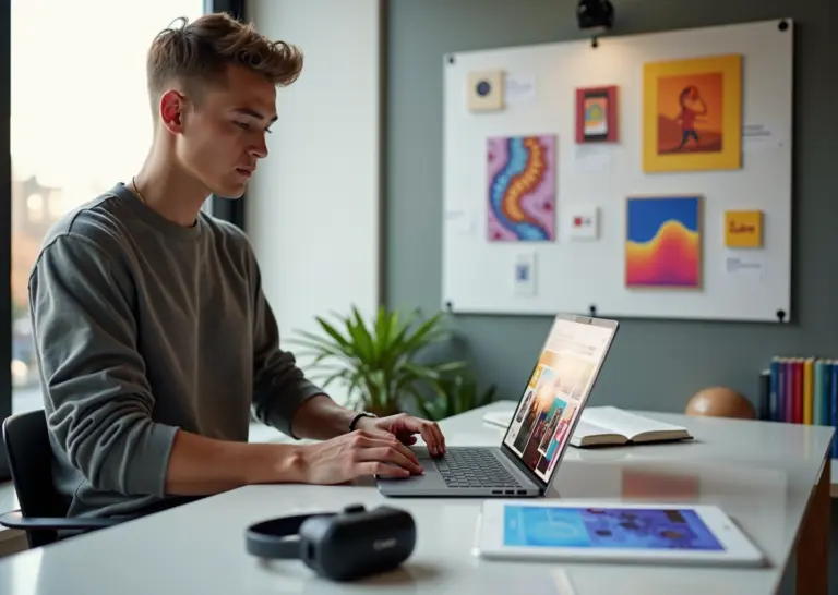 Фрилансер в креативной сфере за рабочим столом с ноутбуком, планшетом для цифровой живописи и доской идей на стене