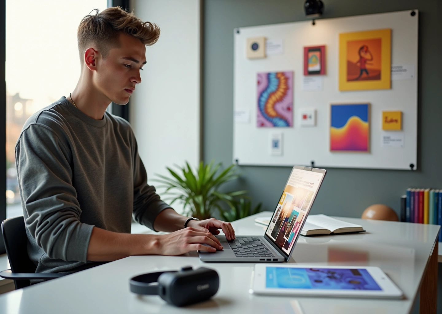 Фрилансер в креативной сфере за рабочим столом с ноутбуком, планшетом для цифровой живописи и доской идей на стене