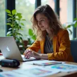 Молодой креативный специалист за рабочим столом с ноутбуком, портфолио, набросками и AR/VR‑устройствами в современном офисе